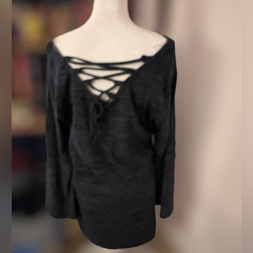 BLUE cross tie back tunic top, bell sleeves, never worn!